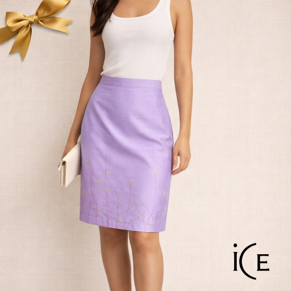 ICE Silk Embroidered Lavender Pencil Skirt Size 8
